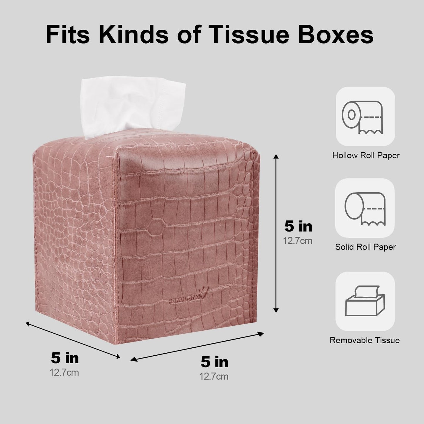 Tissue Box Cover 5X5X5'' PU Leather Tissue Holder Square Tissue Cube Box Organizer for Bathroom Vanity Countertop, Car, Night Stands, Office, Home, Kitchen (SnakePink, 1Pack)