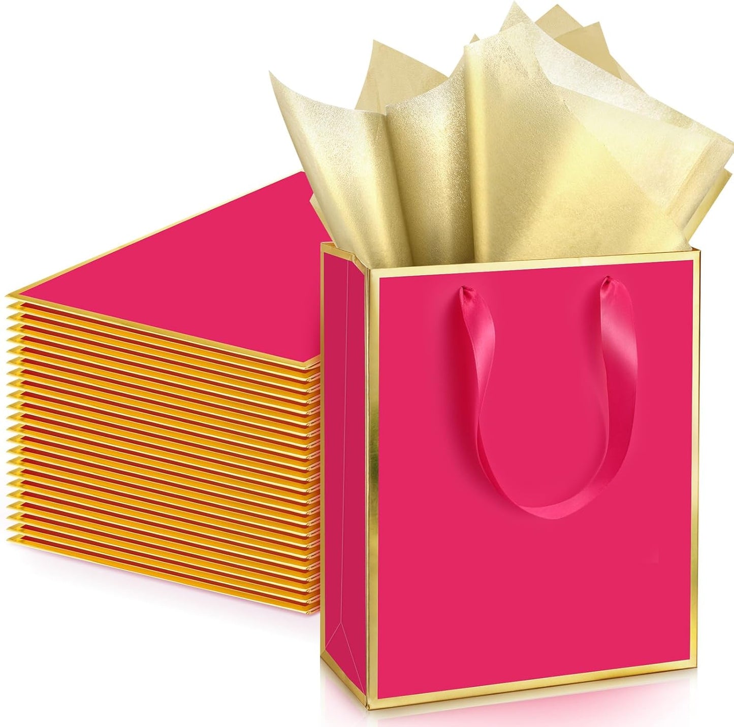 Yeaqee 24 Pack Metallic Paper Gift Bags with Handle and Tissue 9x7x3.1 Gold Foil Welcome Favor Bags Return Gifts for Wedding Fall 5 Senses Christmas Bridesmaid Birthday(Hot Pink and Gold)