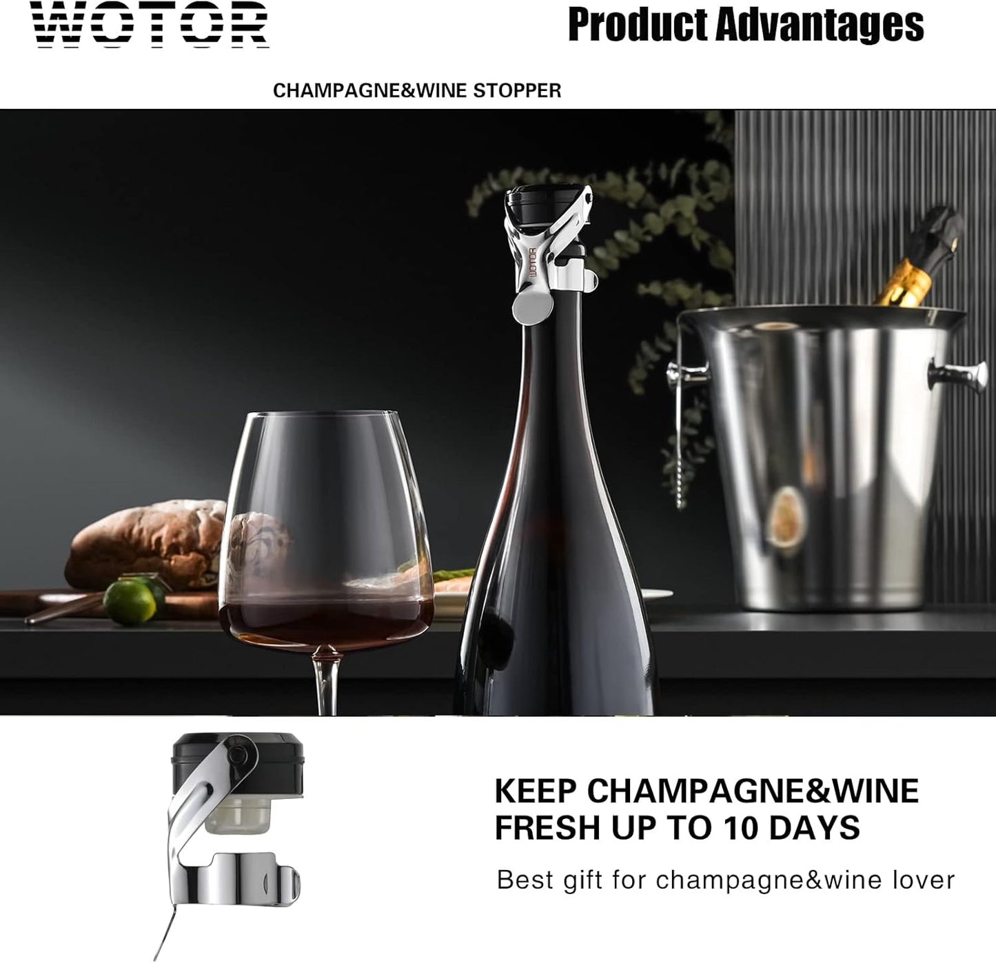 WOTOR Champagne&Wine Bottle Stoppers Stainless Steel with Food Grade Silicone, Leak Proof Keep Fresh Reusable Saver, Cork Suitable for Wine, Champagne, Cava, Prosecco and Sparkling (2 Pack Silver）