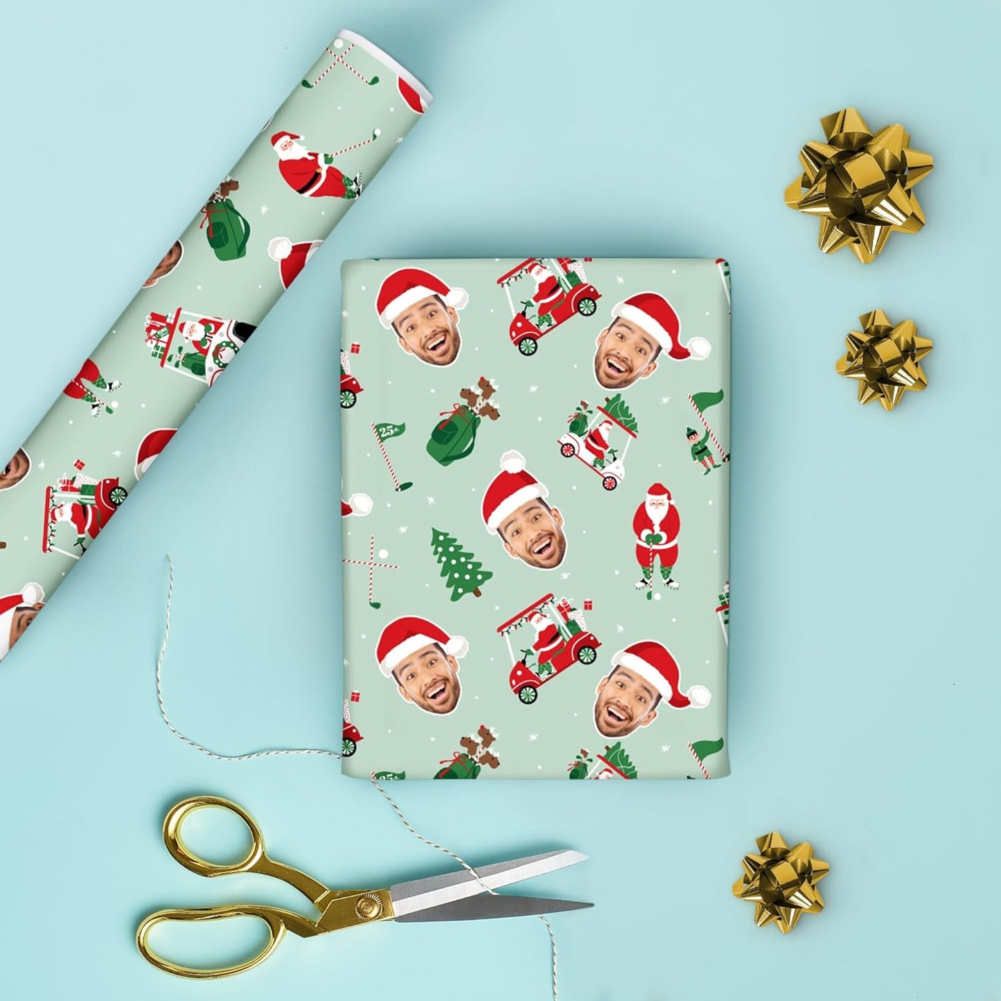 Big Dot of Happiness Custom Photo Golfing Santa Wrapping Paper, Personalized Golf Christmas Holiday Gift Wrap Roll, Funny Santa Hat Fun Face Christmas Gift Paper, 24 in x 7 feet, 2 Rolls