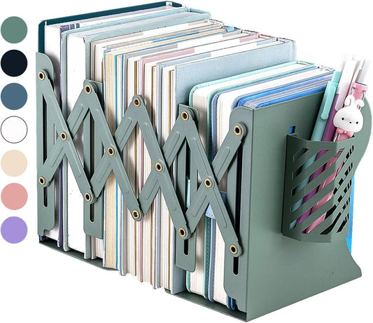 Kingsmile Book Ends, Adjustable Bookends for Shelves, Metal Bookends for Heavy Books, Book Stopper Organzier with Pen Holder for Desk, Kids Room, Office, Classroom, Library, Study Room.(Green)