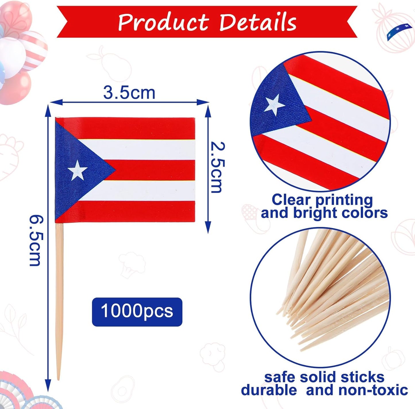 Meanplan 1000 Pcs Puerto Rico Toothpick Flags, Puerto Rican Flag Toothpicks, Cupcake Toppers, Mini Stick Decorations Food Picks for Country Party Birthday Cocktail Ice Cream Cake