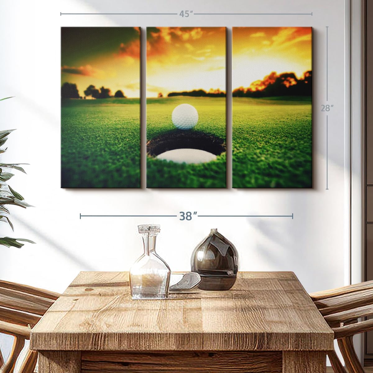 ElephantStock Golf Ball Wall Art - Horizontal Canvas - 3-Piece Living Room Wall Decor - Photography Sports Canvas Print - Orange and Yellow Decor for Wall - 45" X 28"