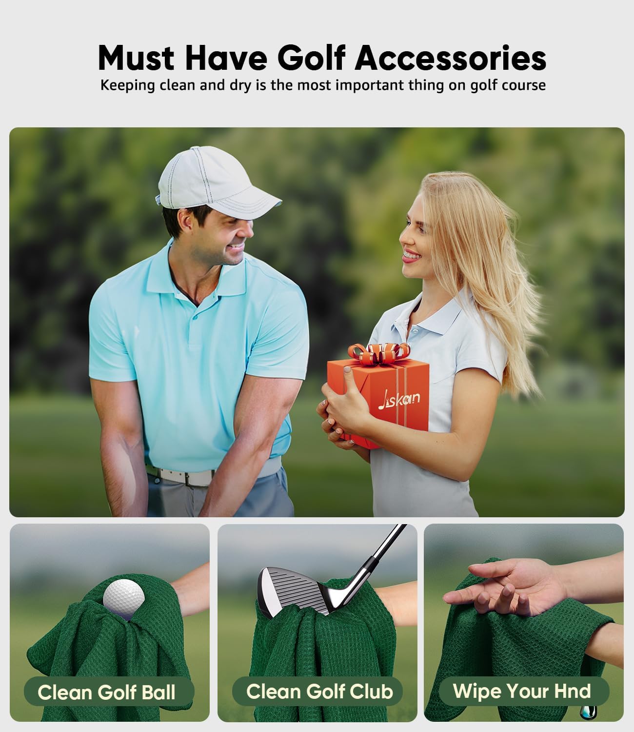 Pro Golf Towel Microfiber Golf Towel for Golf Bags (16" X 16") with Hook, Loop Fastener and Gift Box, Essentials Golf Accessories for Men, Golf Gifts for Men/Women