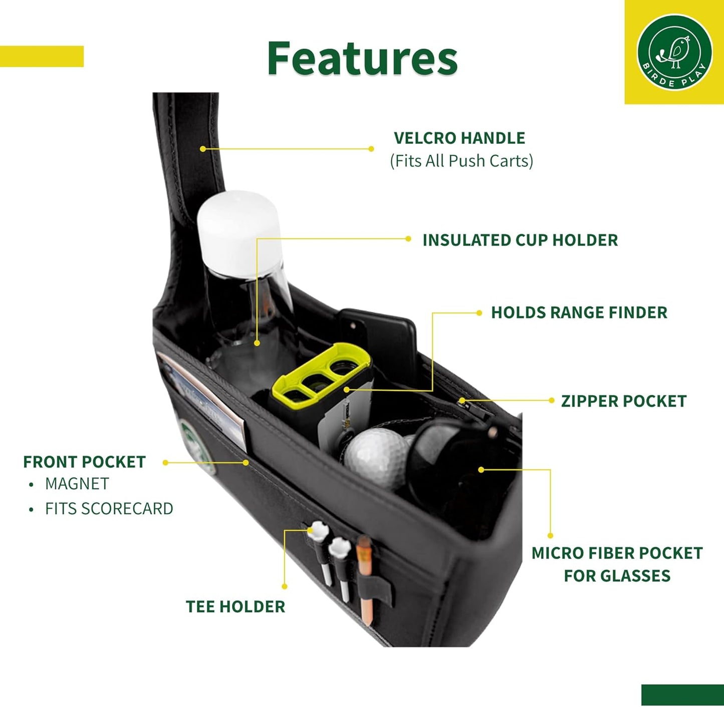 BirdeBag by BirdePlay - Golf Organizer for Push Cart with Accessories, Drink Holder