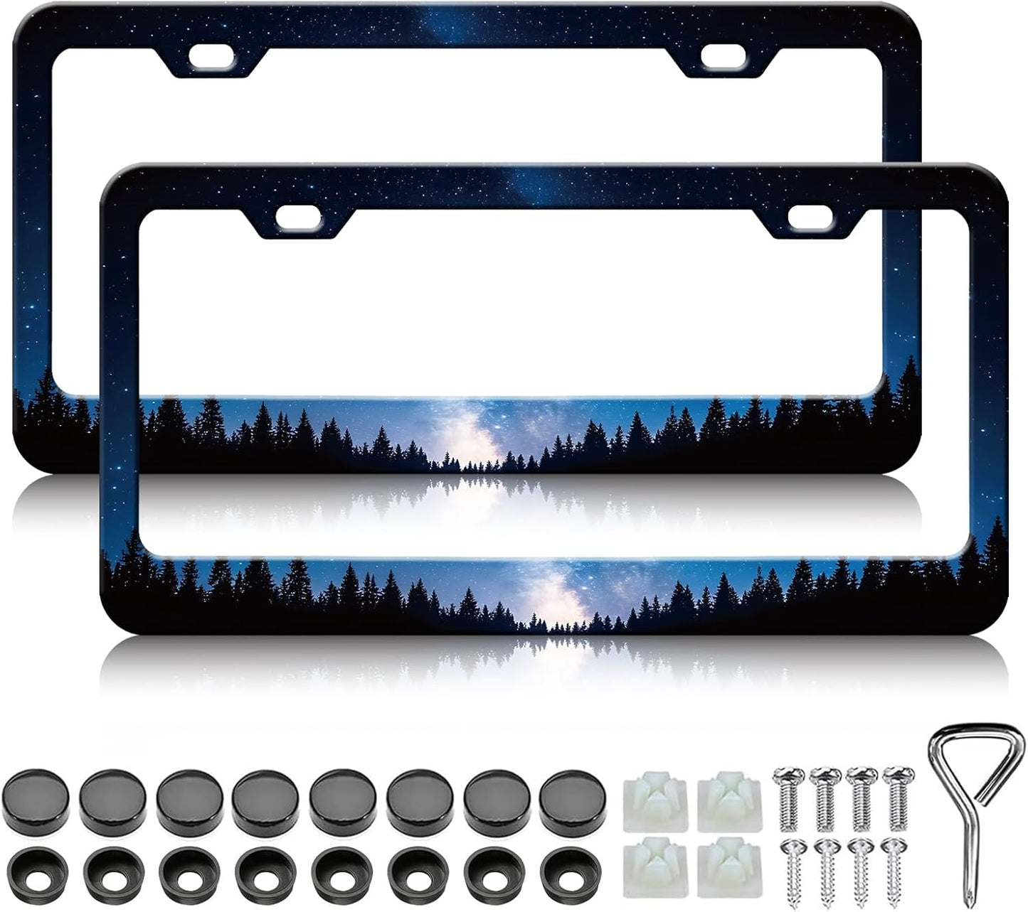 Galaxy Forest License Plate Frames - 2 Pack Front Rear Starry Sky License Plates Holder Covers, Aluminum Metal Rust-Proof Waterproof Car Tag Frame with Screws Fasteners Caps