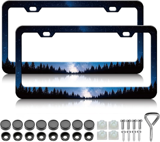 Galaxy Forest License Plate Frames - 2 Pack Front Rear Starry Sky License Plates Holder Covers, Aluminum Metal Rust-Proof Waterproof Car Tag Frame with Screws Fasteners Caps