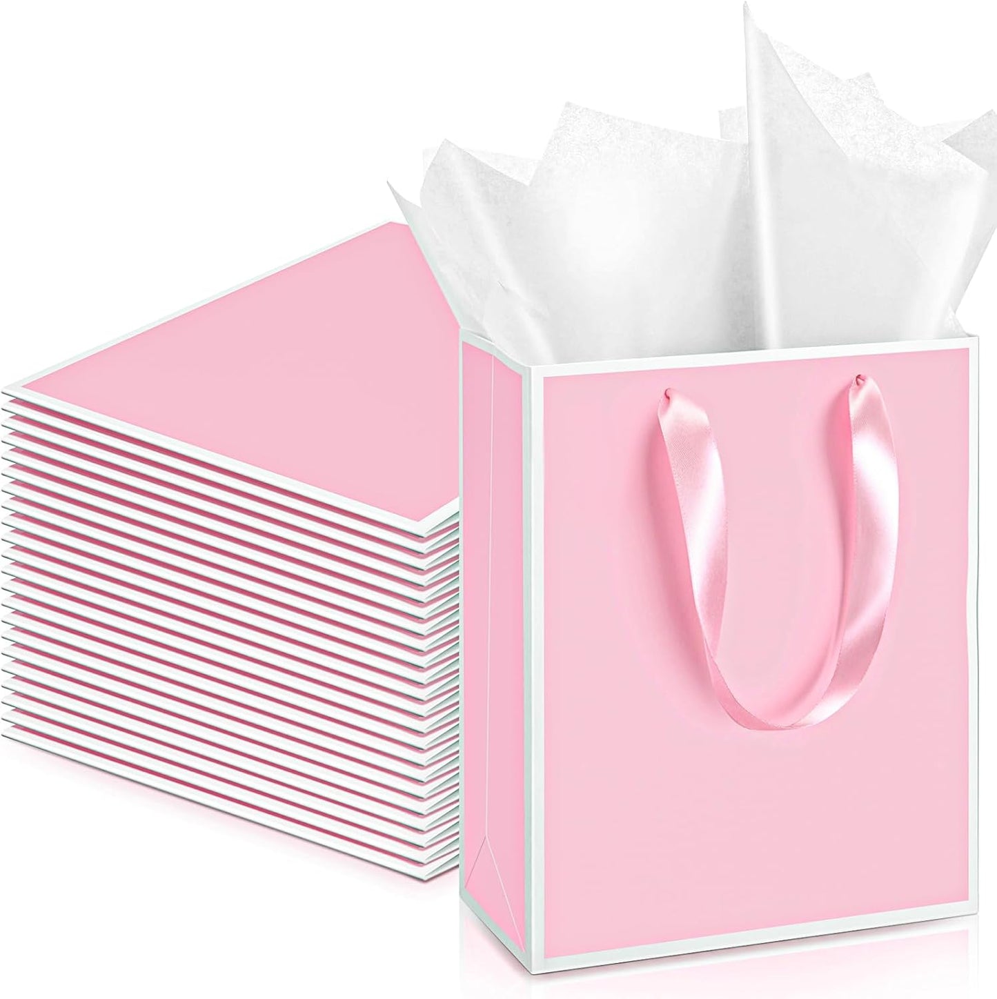 Yeaqee 24 Pack Metallic Paper Gift Bags with Handle and Tissue 9x7x3.1 Gold Foil Welcome Favor Bags Return Gifts for Wedding Fall 5 Senses Christmas Bridesmaid Birthday(Pink and White)