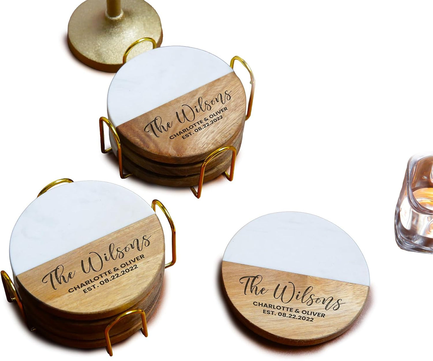 Personalized Coasters for Couples, Wedding, Housewarming Gifts for Home Decorataions, Custom Coaster for Newlyweds, Anniversary, Christmas, Engagements, Valentines Day, Two-Tone Marble and Wood