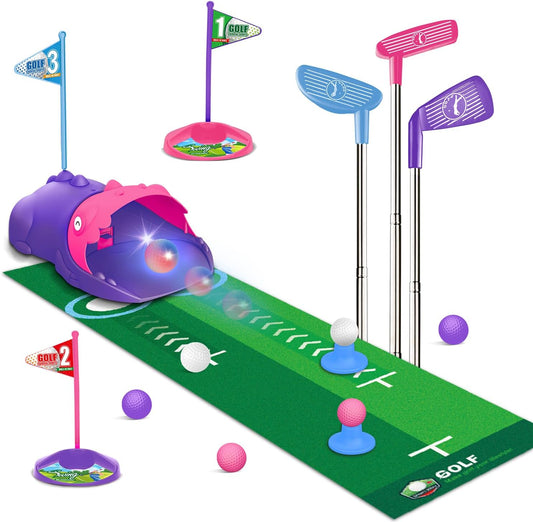 Kids Toy Golf Set with Dinosaur Automatic Golf Returner, Led Light Up Night Golf Balls, 3 Clubs, Putting Mat, 3-8 Toddler Mini Golf Games, Indoor Outdoor Sports Toys for Boys Girls (Pink)