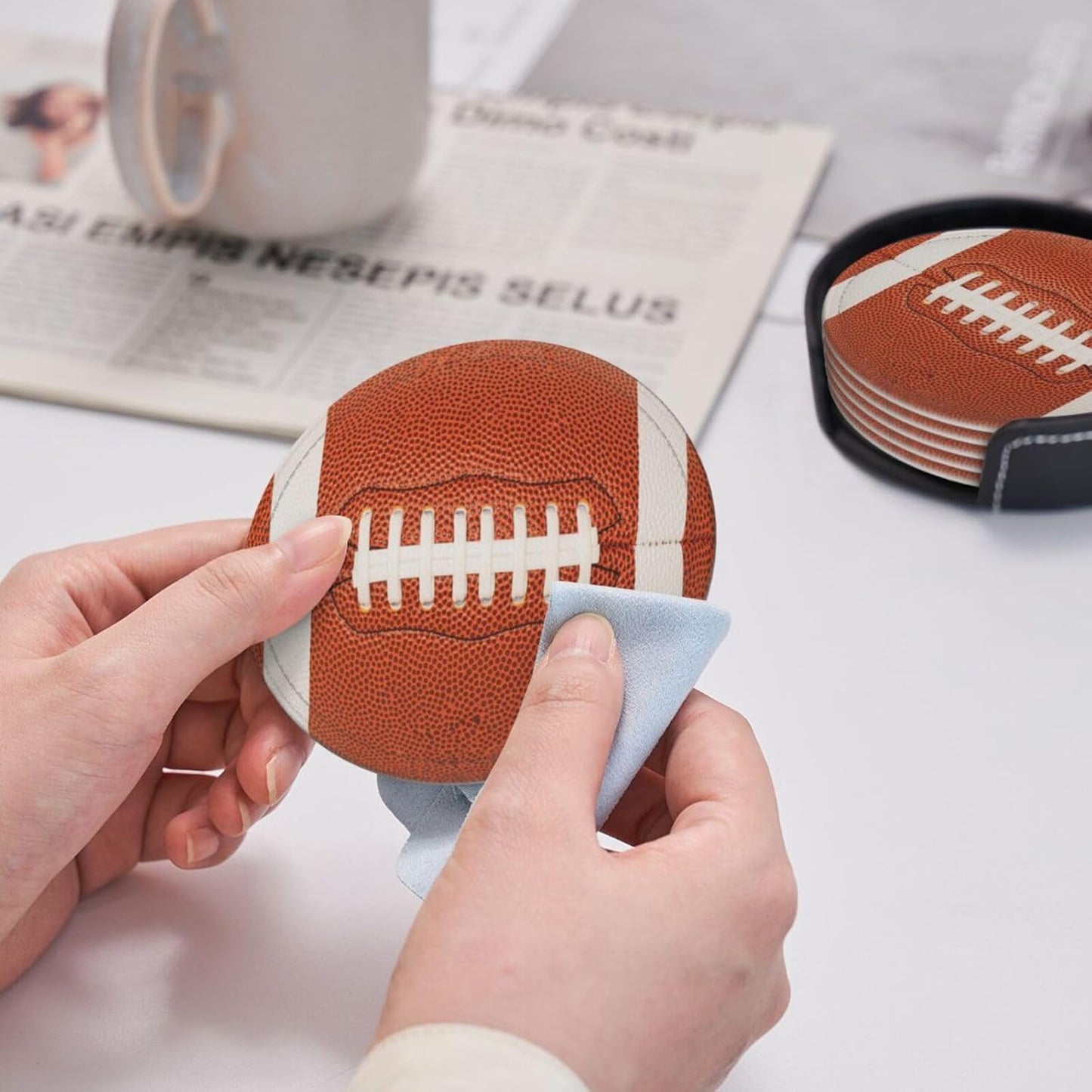 6 Pcs Football Drink Coasters with Holder Coasters for Drinks Coffee Table Home Decor Housewarming Gift