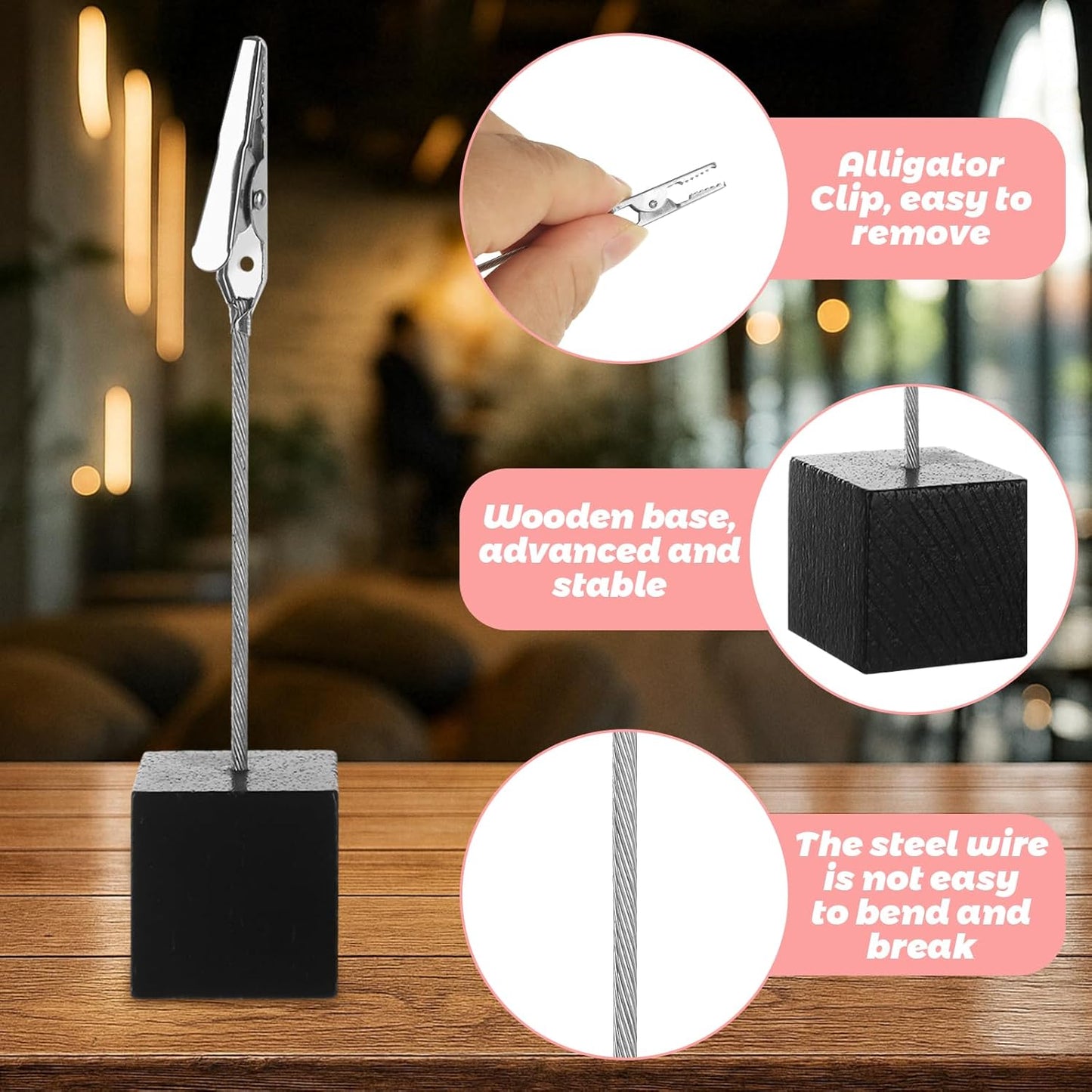 50 Pcs Place Card Holder Cube Photo Clips Holder with Alligator Clip, 4.7 x 1 Inch Table Number Holders Cube Base Memo Clips Holders for Displaying Pictures Number Card Wedding Party (Black)