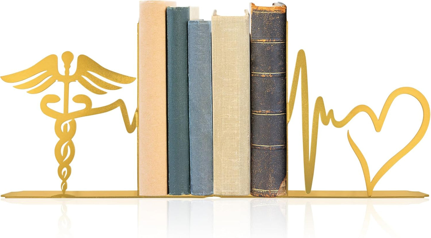 Medical-Themed Bookends for Shelves - Sturdy Office Decor for Clinics, Nurse Gifts & Study Decor, 7.1x1.2x6 Inch Bookshelf Decoration for Medical Professionals(Gold)