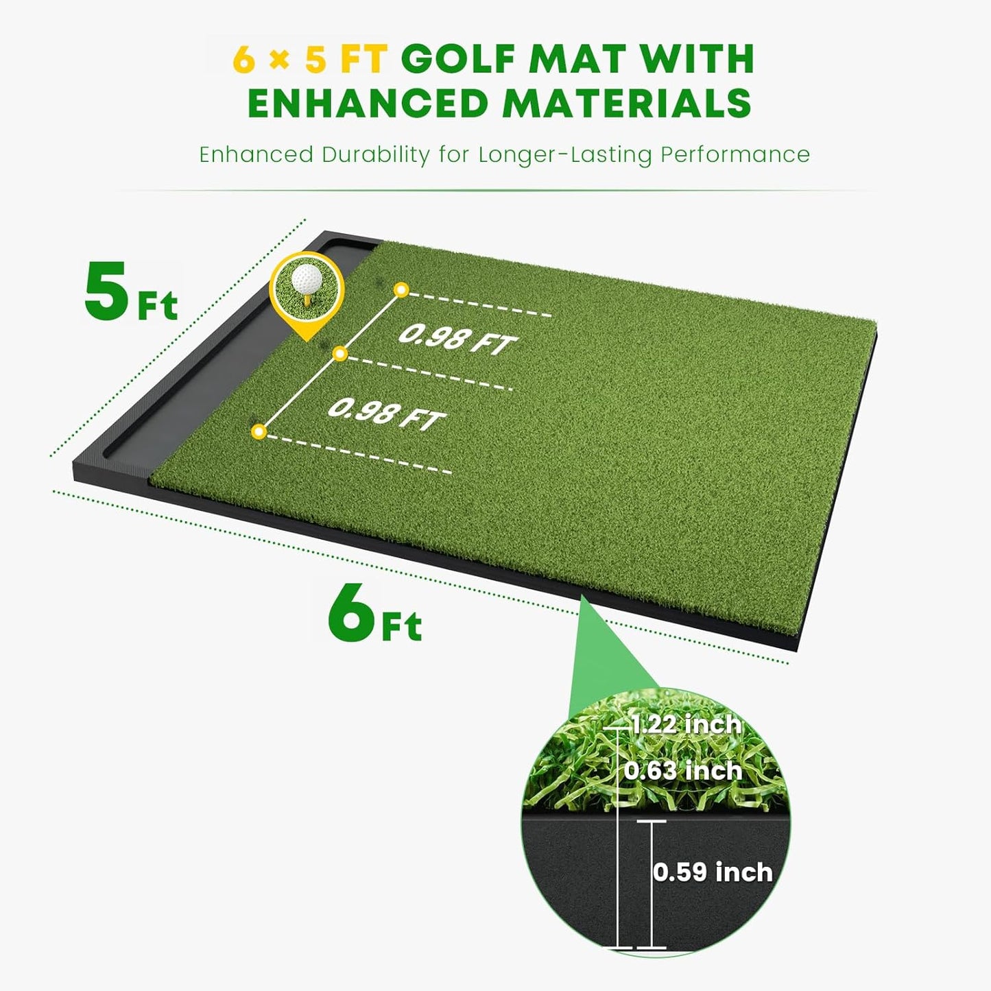 Integrated 5x4ft & 6x5ft 26mm-31mm Golf Mat with Ball Tray, Thickening Golf Mats Practice Outdoor & Indoor, Artificial Turf Matt with 3 Tees for Hitting, Driving Chipping, Swinging
