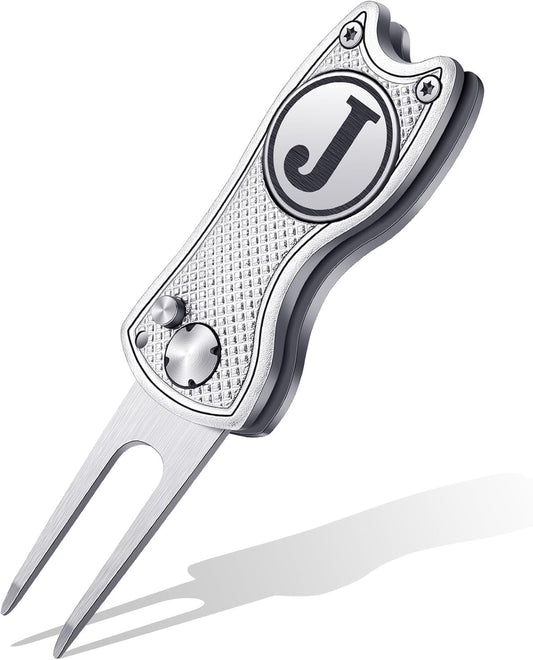 Golf Divot Repair Tool with Letter Custom Monogrammed Initial Ball Marker Divot Tool Foldable Metal with Magnetic Putt Alignment Golf Gifts for Men Father Golfer Christmas