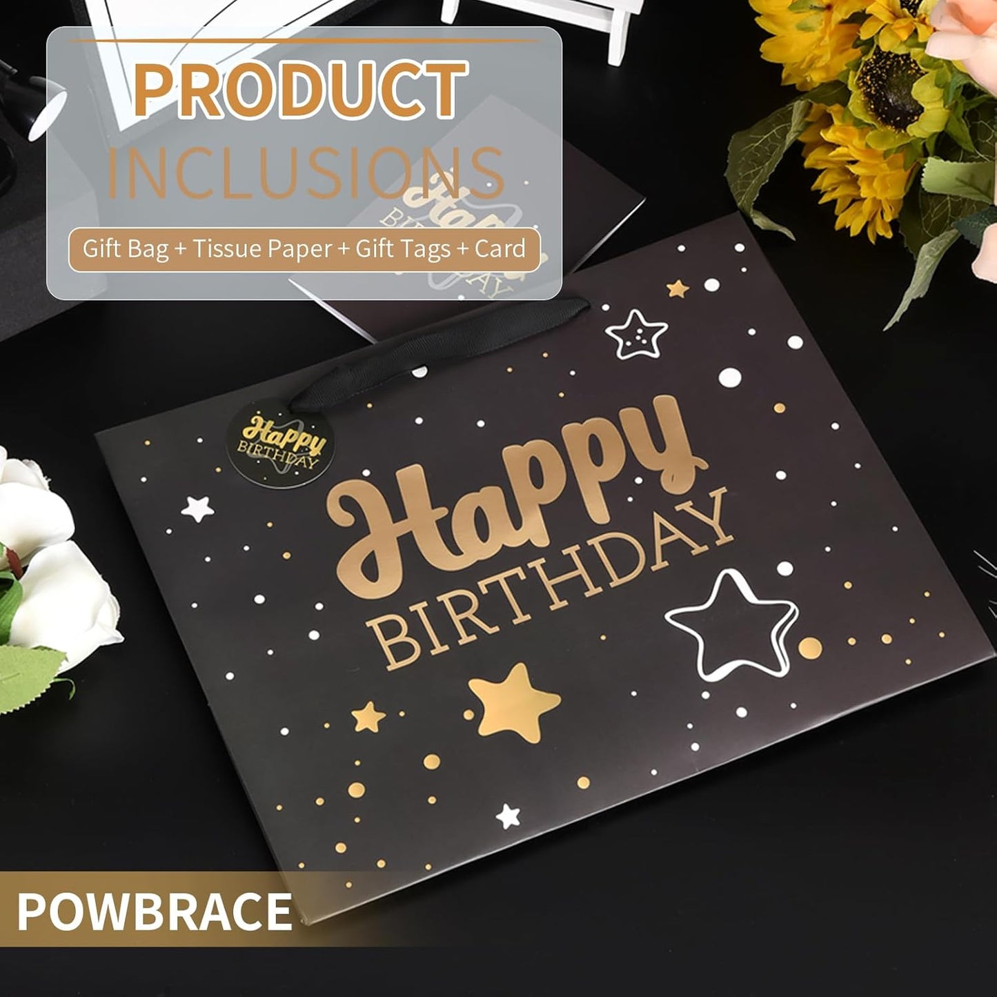 13" Black Happy Birthday Gift Bag with Tissue Paper and Greeting Card for Party,Happy Birthday Gift Bag for Men Women,Gift Bags Medium size(2 PCS Black Hot Stamping)