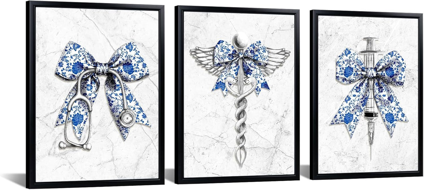 KREATIVE ARTS Blue and White Porcelain Medical Canvas Wall Art Black Frame Stethoscope Syringe Winged Medical Symbol Prints Chinese Style Decor for Nurse Doctor Office Clinic Hospital 12x16 Inches Set of 3