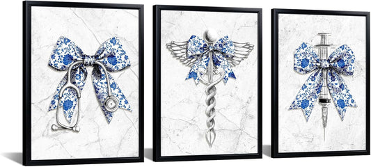 KREATIVE ARTS Blue and White Porcelain Medical Canvas Wall Art Black Frame Stethoscope Syringe Winged Medical Symbol Prints Chinese Style Decor for Nurse Doctor Office Clinic Hospital 12x16 Inches Set of 3