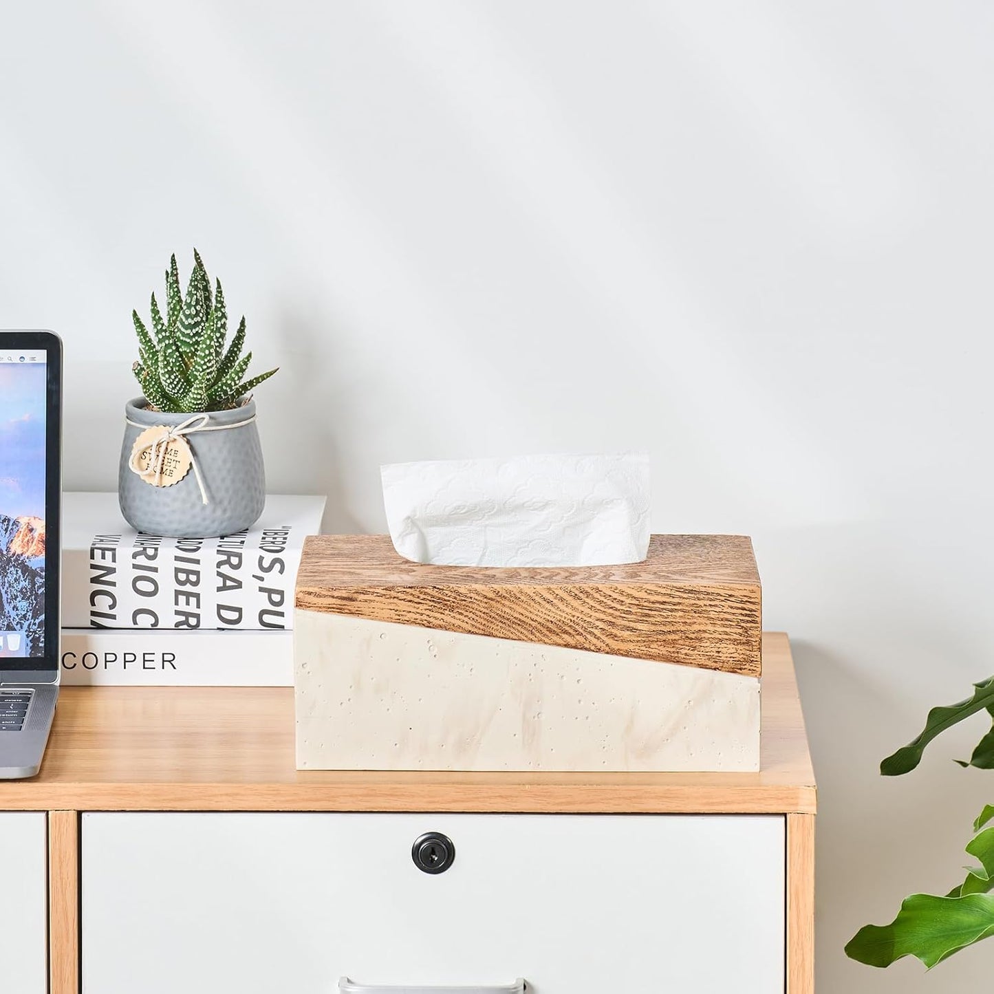 Rectangular Natural Travertine and Rustic Wood Textures Tissue Box Cover for Bathroom,Livingroom,Bedroom, Hand-Made Resin Wood Inlaid Travertine Tissue Box Holder,10 x 5.7 x 4.5 in