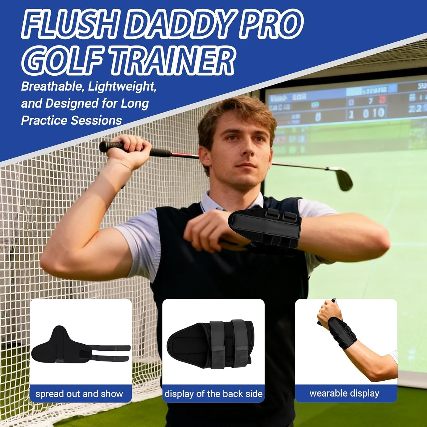 Flush Daddy Pro Golf Trainer – Golf Wrist Brace & Swing Alignment Support, Wrist Stabilizer & Grip Corrector for Beginners, Improve Wrist Position & Perfect Your Swing