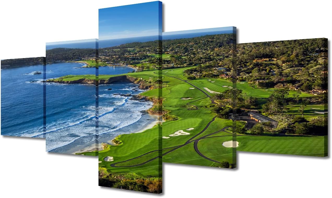 Modern Wall Art Prints and Poster Pebble Beach Golf Course Canvas Painting for Living Room Panoramic Images's Home Decor 5 Panels Gallery-wrapped Artwork Set Wooden Framed Ready to Hang(50"W x 24"H)