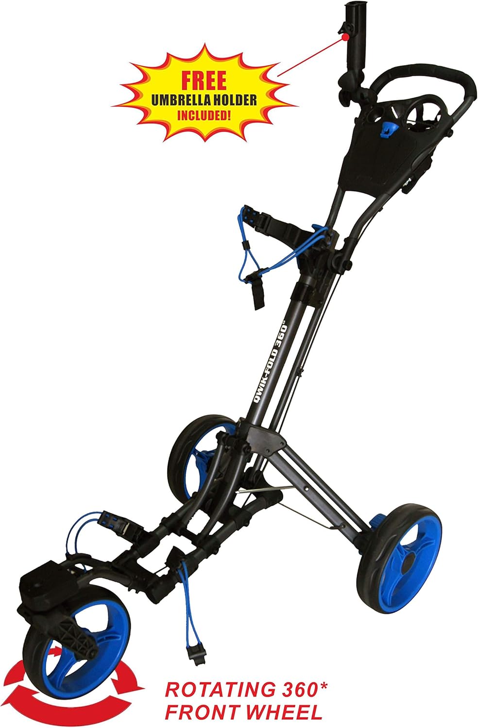 Golf Push Cart 3 Wheel with 360 Rotating Front Wheel, One Second to Open & Close, Lightweight Folding Golf Pull Cart with Foot Brake, Umbrella Holder, Cup Holder, & Storage Compartment