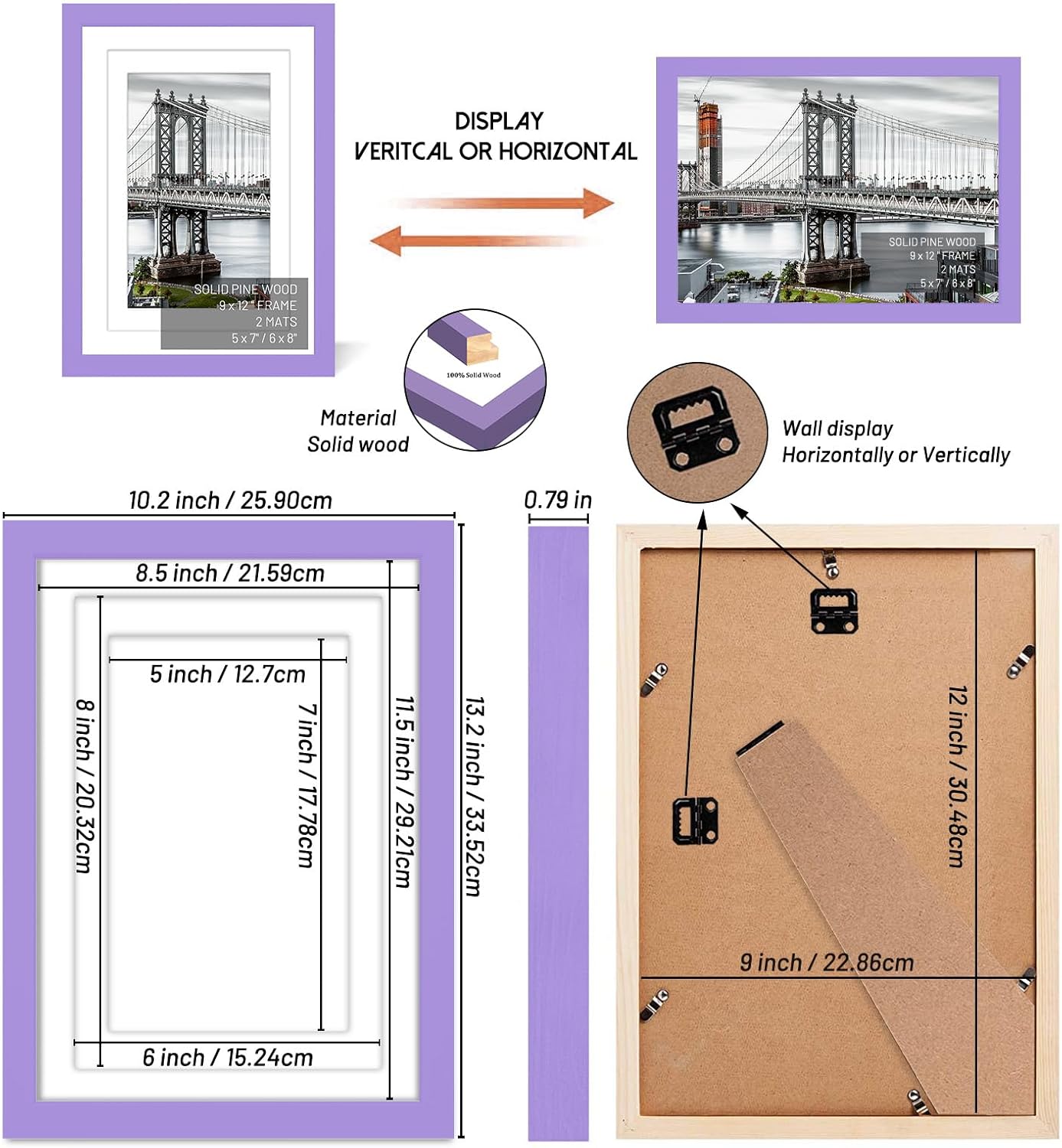 9x12 Picture Frames - Solid Wood Frame for 6x8 or 5x7 Photos with or without Mats for Wall Mounting or Table Display (Purple)