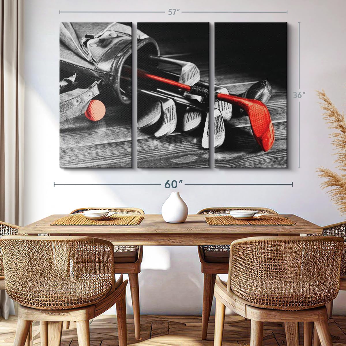 ElephantStock Golf Equipment Pop Wall Art - Horizontal Canvas - 3-Piece Living Room Wall Decor - Photography Sports Canvas Print - Black and Gray Decor for Wall - 57" X 36"