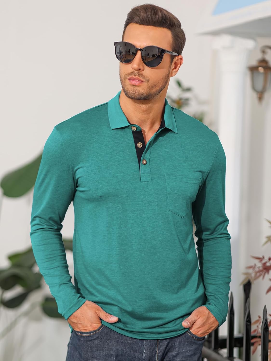 Mens Long Sleeve Polo Shirts Casual Moisture Wicking Golf Polo Shirts with Pocket