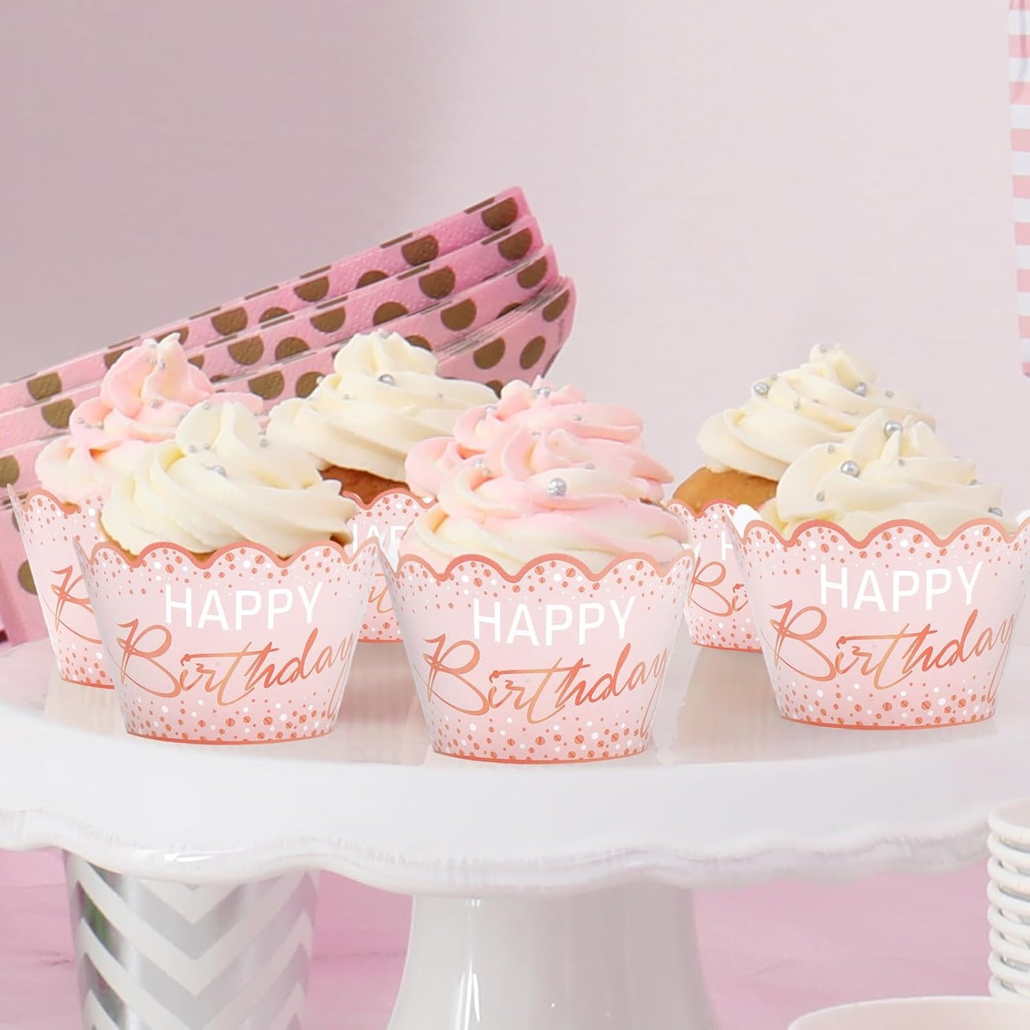 Whaline 36Pcs Happy Birthday Cupcake Wrappers Pink Dots Cupcake Liners Decorative Cupcake Holders for Baby Shower Birthday Party Cake Decoration