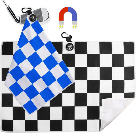 2 Pack 24"x16" Magnetic Golf Towels - Premium Waffle Pattern, with Magnet & Carabiner Clip for Golf Bags, Carts & Clubs. Essential for Men & Women Golfers - Blue/Black