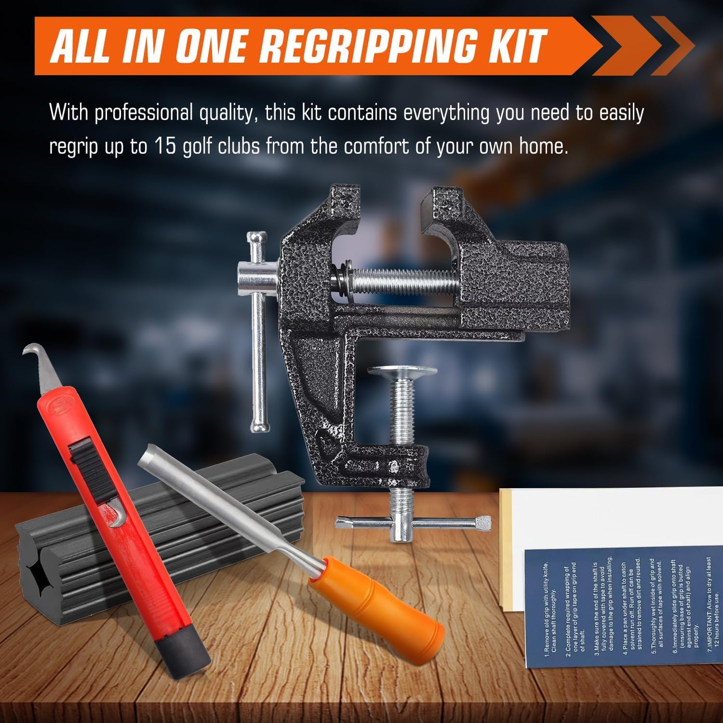 Golf Grip Regripping Kit for Home Use | Includes Retractable Hook Blade, 15 Grip Tape, Grip Tape Remover, Portable Table Vise & Rubber Clamp | Quick Repair Solution Set