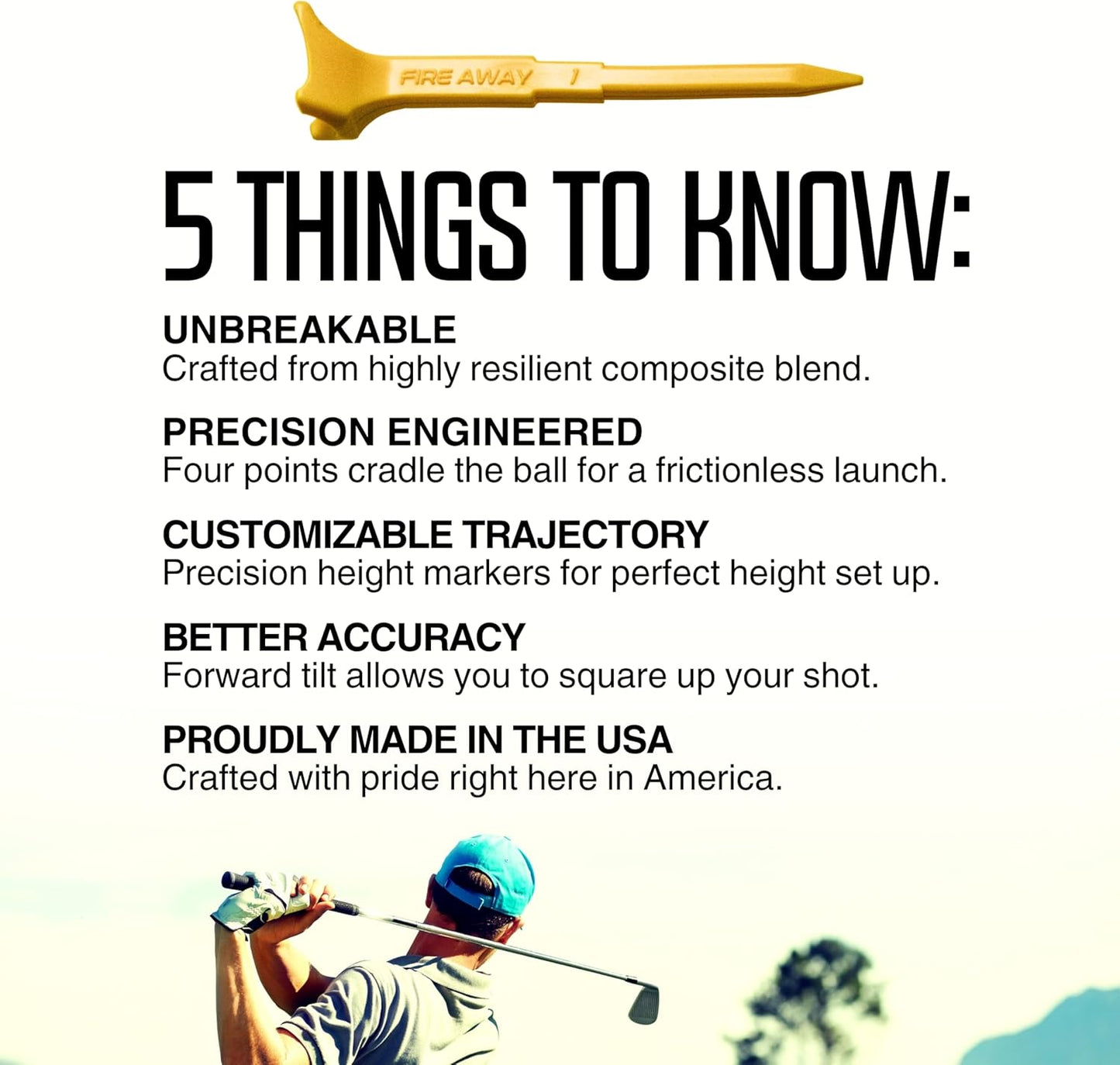 FIRE AWAY Premium Golf Tees, Reduced Ball Spin, Less Friction & Precision Height Markers for Perfect Trajectory, Made of Special Unbreakable Plastic Nylon Blend