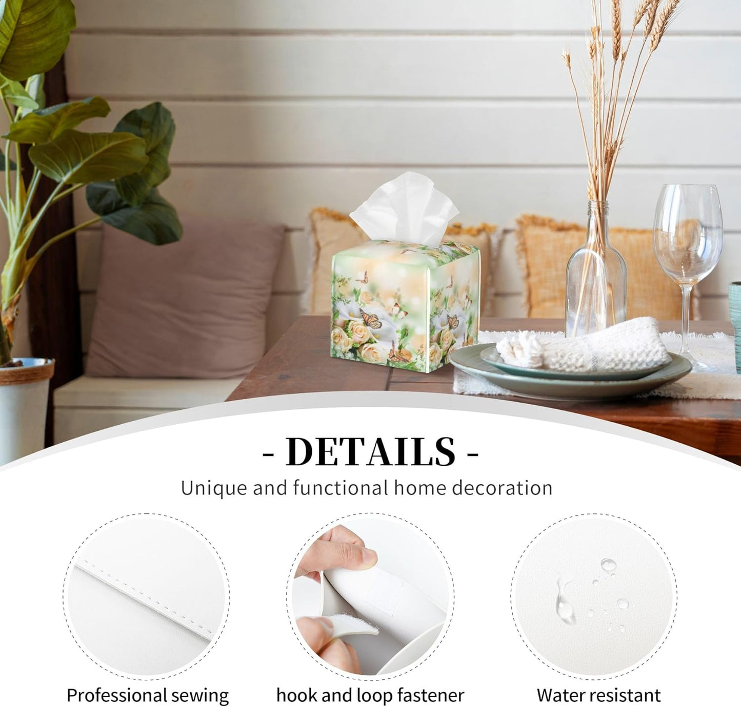 Rose Flowers and Butterfly Tissue Box Cover Square,Yellow Roses Floral Tissue Box Holder Waterproof Leather Facial Paper Organizer Dispenser for Bathroom Home Car Nightstand Vanity Desk