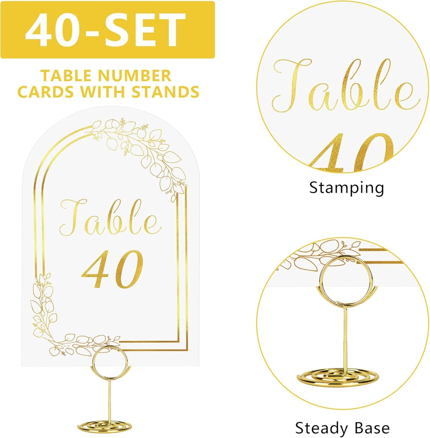 JOYIT 40 Sets Wedding Table Number 1-40 with 40 Pcs Table Number Holders, White Gold Table Number Cards with Place Card Holders, 4" x 6" Table Numbers for Wedding Reception and Birthday
