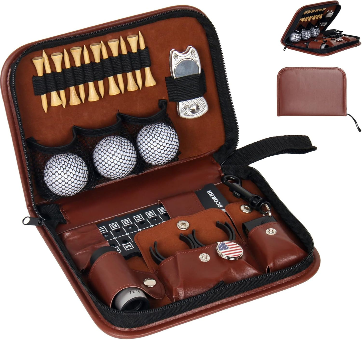 Golf Accessories Kit, Golf Stuff Set with Leather Case, Golf Balls, Golf Tees, Golf Brushes, Rangefinder, Scorer, Ball Marker, Golf Clips, Golf Divot Tool, Golf Gifts for Men Women Golfers