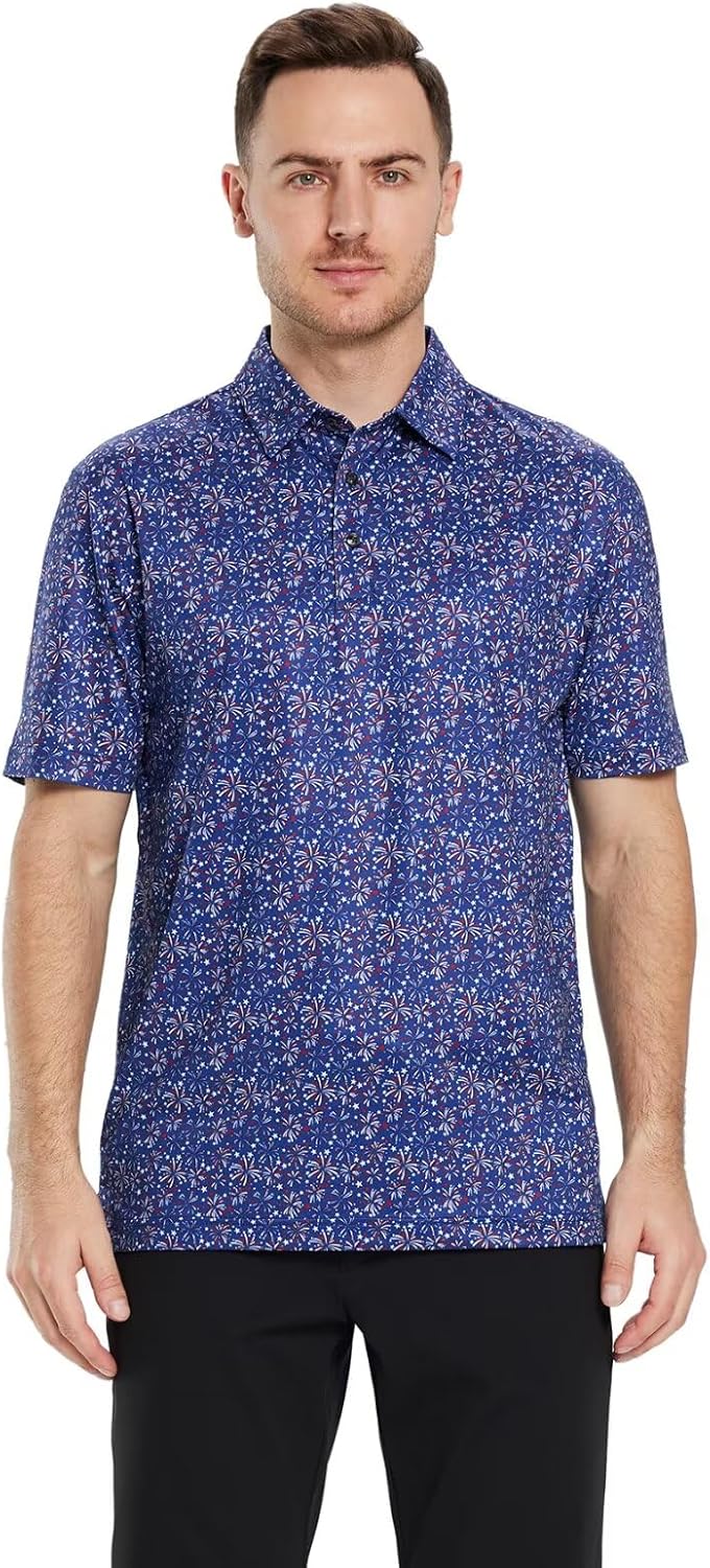 Golf Shirts for Men Dry Fit Short Sleeve Print Performance Moisture Wicking Polo Shirt
