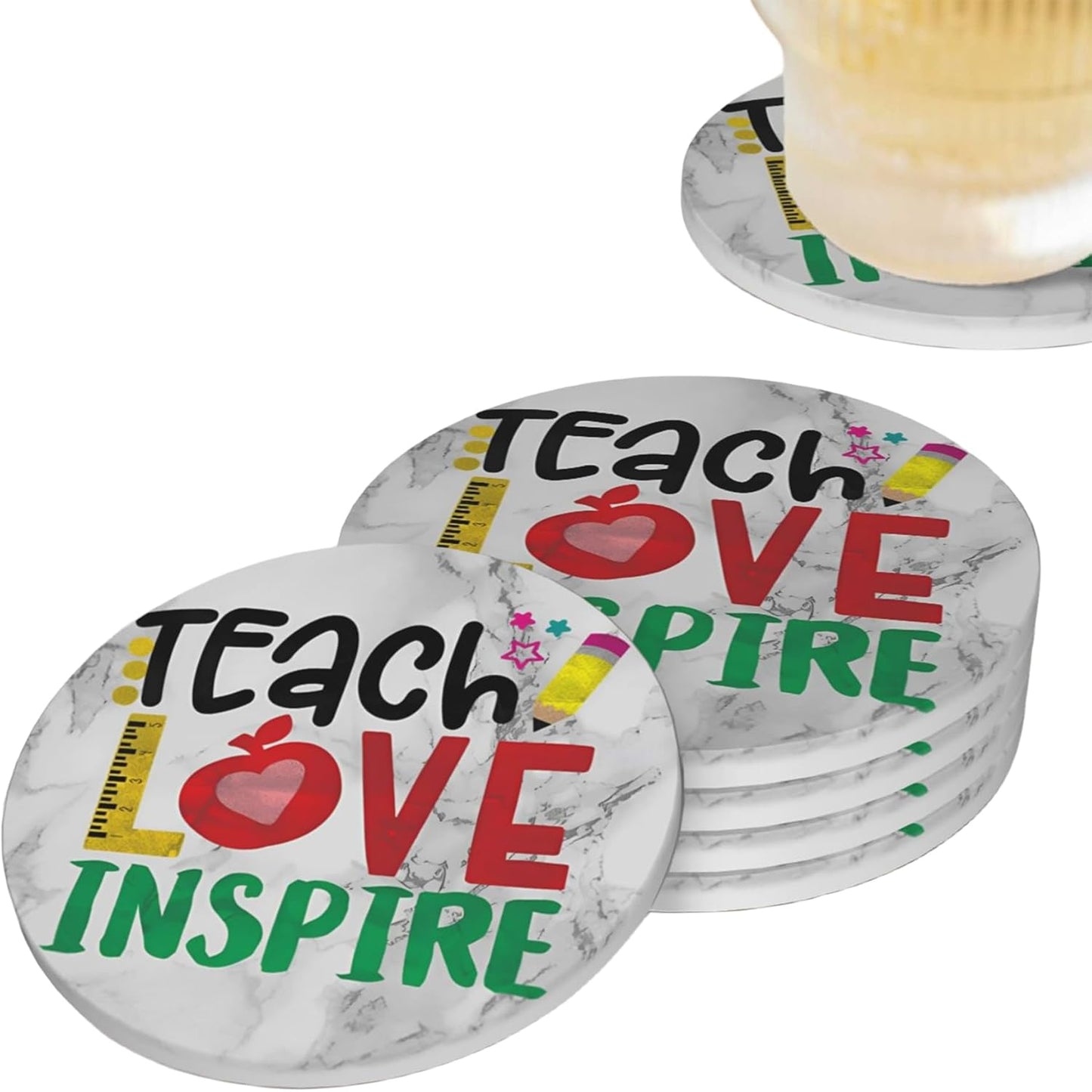 Teach Love Inspire Teacher Coasters for Drinks Set of 4, White Marble Absorbent Ceramic Drink Coasters for Coffee Table Wooden Table Cup Bar, 4 Inches