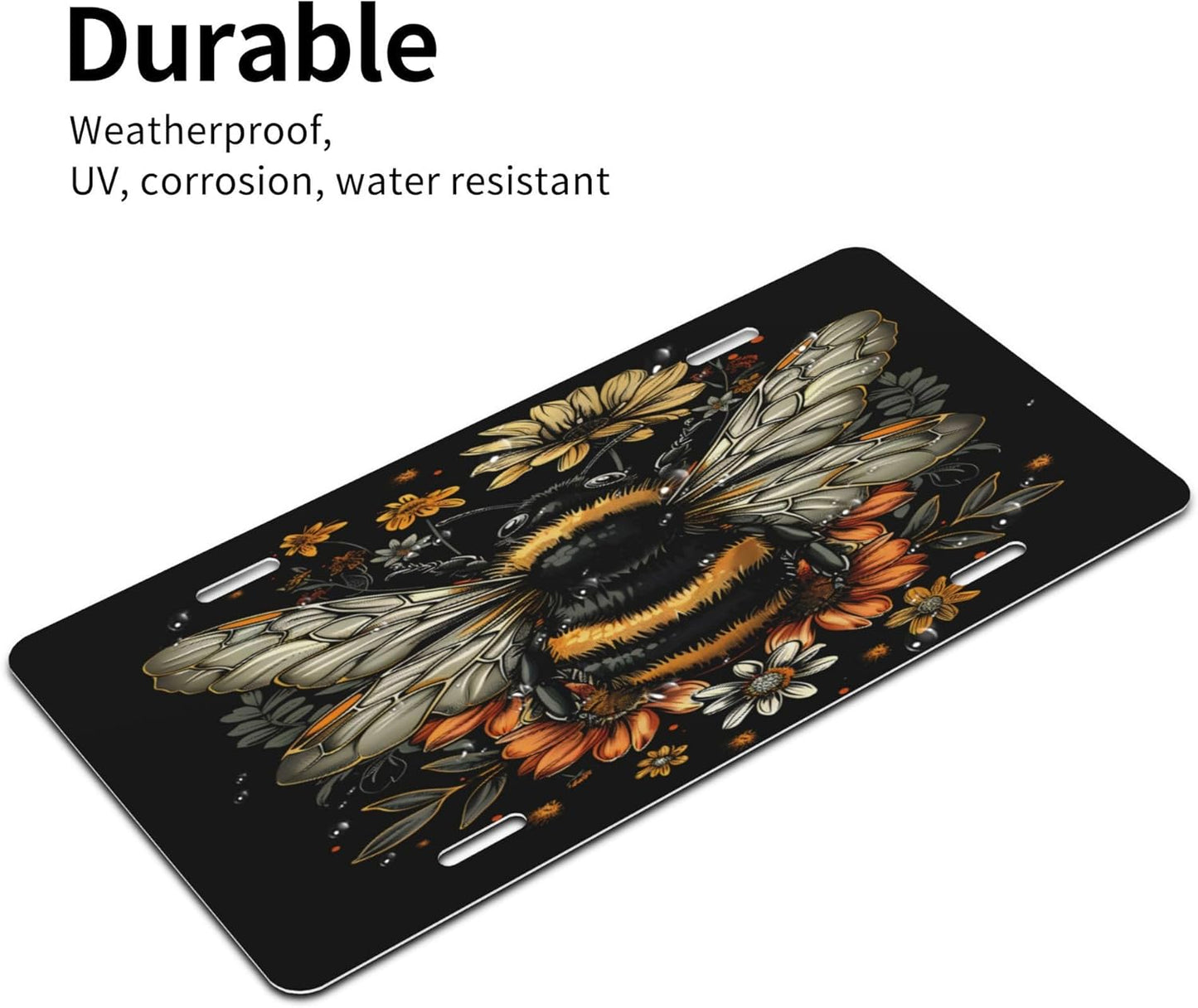 Front License Plate for Car Designs Insect Bee Flower Stainless License Plate Cover Holder for Men Women Metal Aluminum Decorative Accessory Vanity Tag Standard 6 X 12 inch (4 Holes)