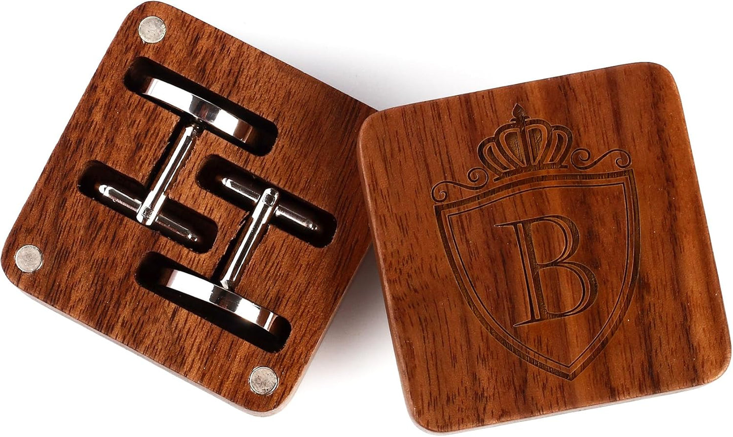 Mens Initial Silver Cufflinks A-Z Alphabet Letter Steel Cuff Links with Engraved Walnut Wood Box Groom Groomsman Wedding Set…