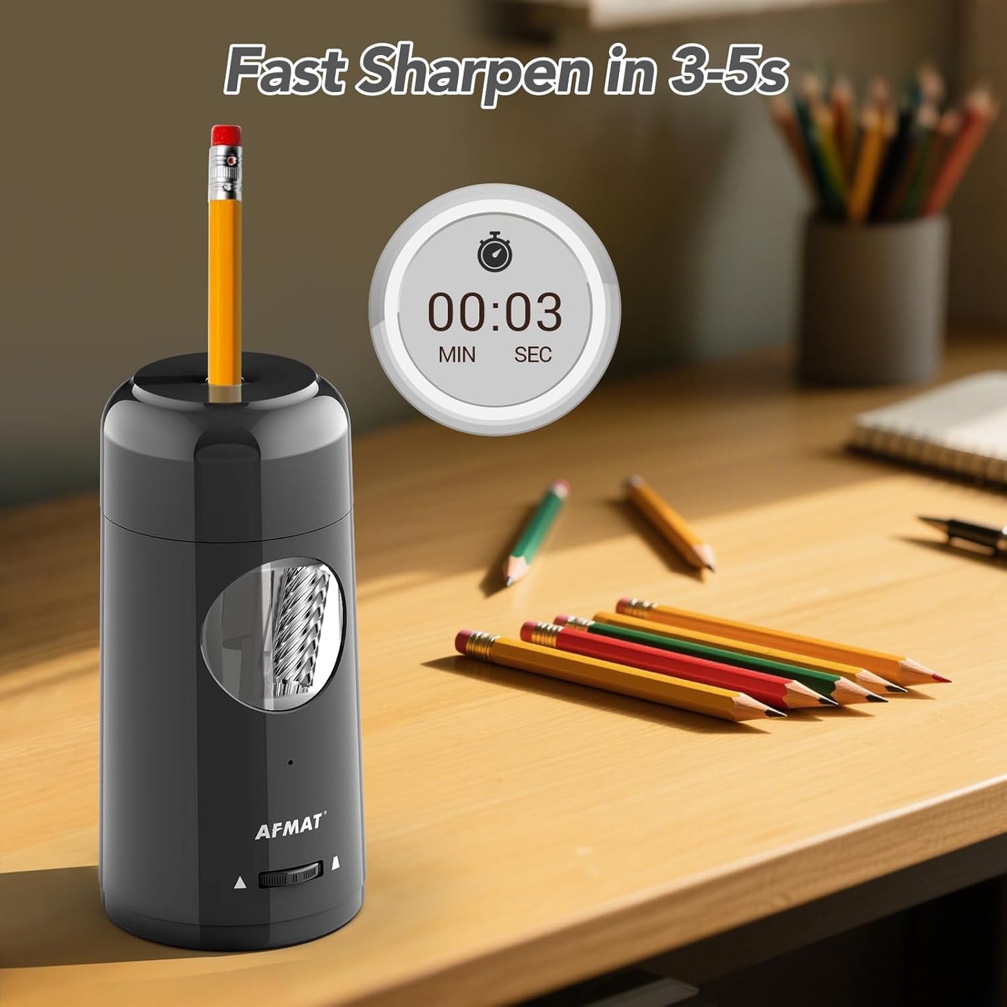 AFMAT Electric Pencil Sharpener, Rechargeable Fully Automatic Pencil Sharpener for Jumbo & Colored Pencils (7-11.5mm), Auto in/Out, Hands-Free, Portable for Home/Classroom/Office PSX6 (Black)