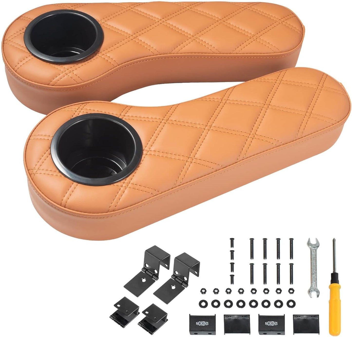 NOKINS Golf Cart Diamond Flip Armrest with Cup Holder, No Drilling Required, Golf Cart Folding Hinged Armrest, Inward Mount, for Club Car EzGo Yamaha Back Seat Kit