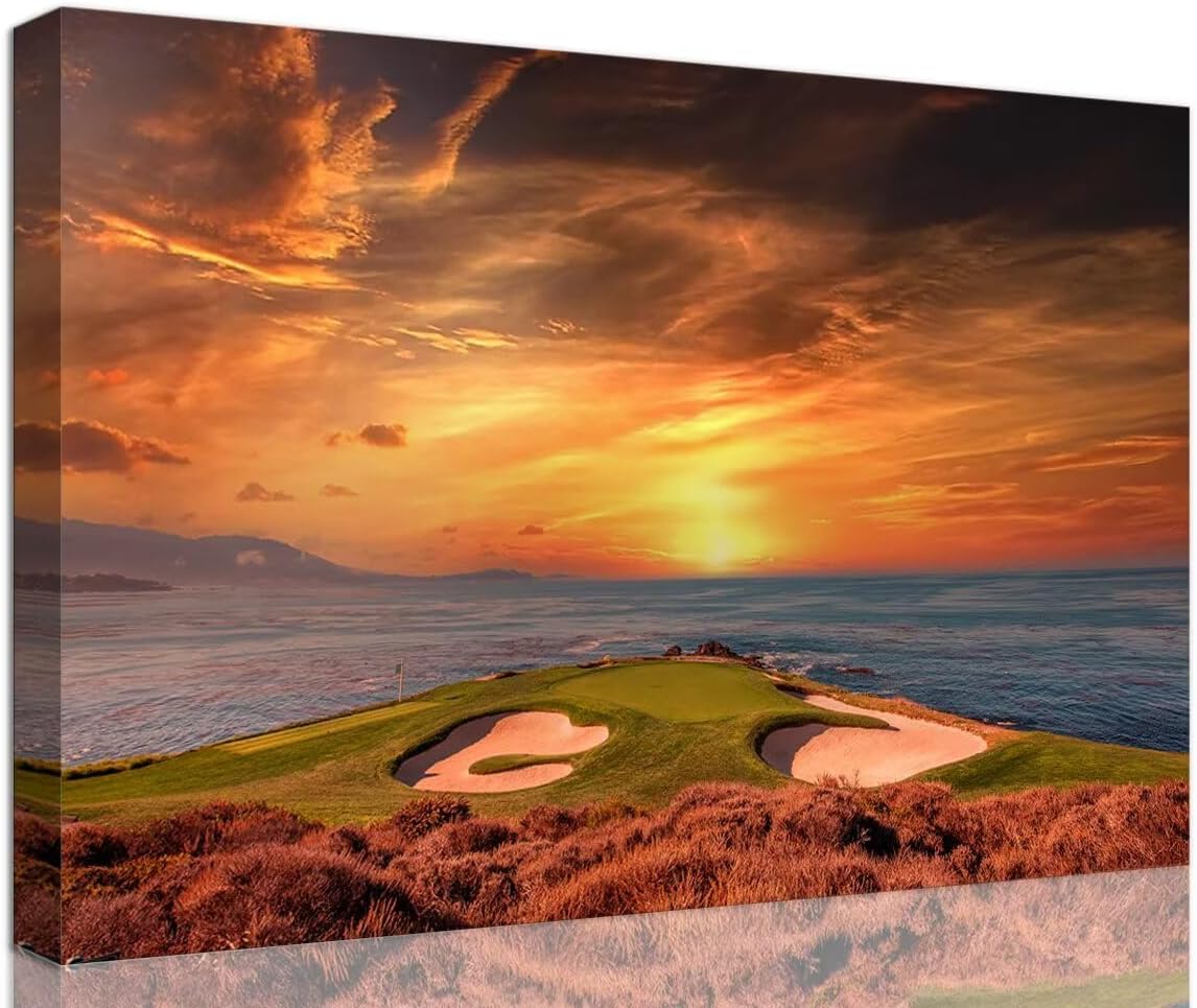 Pebble Beach Golf Course Hole 7 Wall Art for Living Room Bedroom Bathroom Home Decorations Monterey California USA Golf Course Picture Poster Framed Artwork Canvas Prints Ready to Hang(18''H x 24''W)