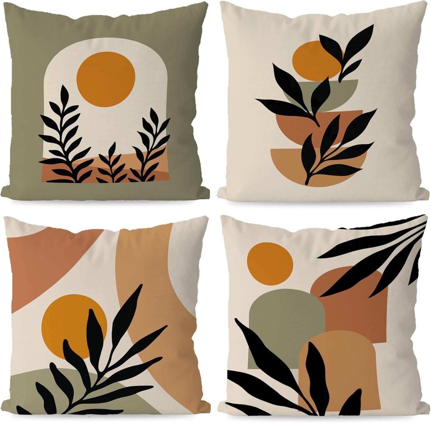 KEUSPI Boho Pillow Covers, Boho Mid Century Sun Botanical Leaf Mountain Nature Throw Pillow Covers,Throw Pillow Covers 18×18 Set of 4,Bohemian Home Decor,Bohemian Gifts for Women Girls
