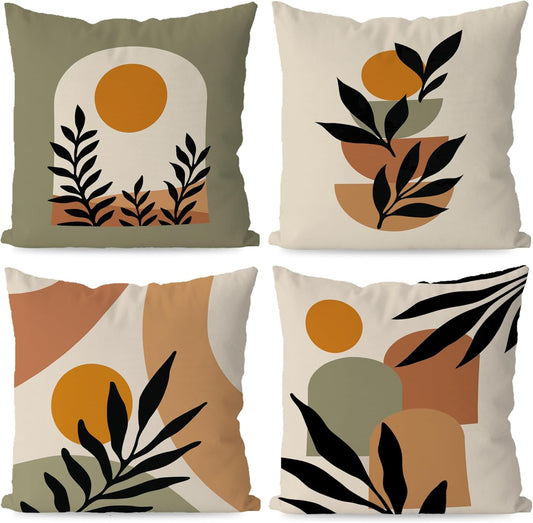 KEUSPI Boho Pillow Covers, Boho Mid Century Sun Botanical Leaf Mountain Nature Throw Pillow Covers,Throw Pillow Covers 18×18 Set of 4,Bohemian Home Decor,Bohemian Gifts for Women Girls