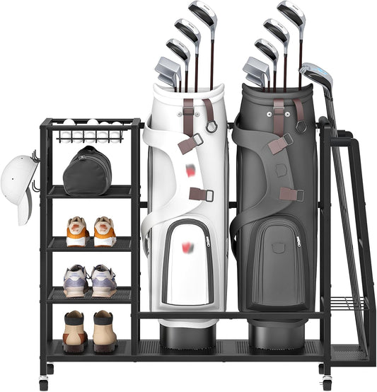 HOOBRO Golf Bag Storage Garage Organizer, Golf Bag Storage Stand Fits 2 Golf Bags and Golf Equipment Rack with Wheels, Extra Storage Rack for Garage, Club, Basement, Black BK49CJ01
