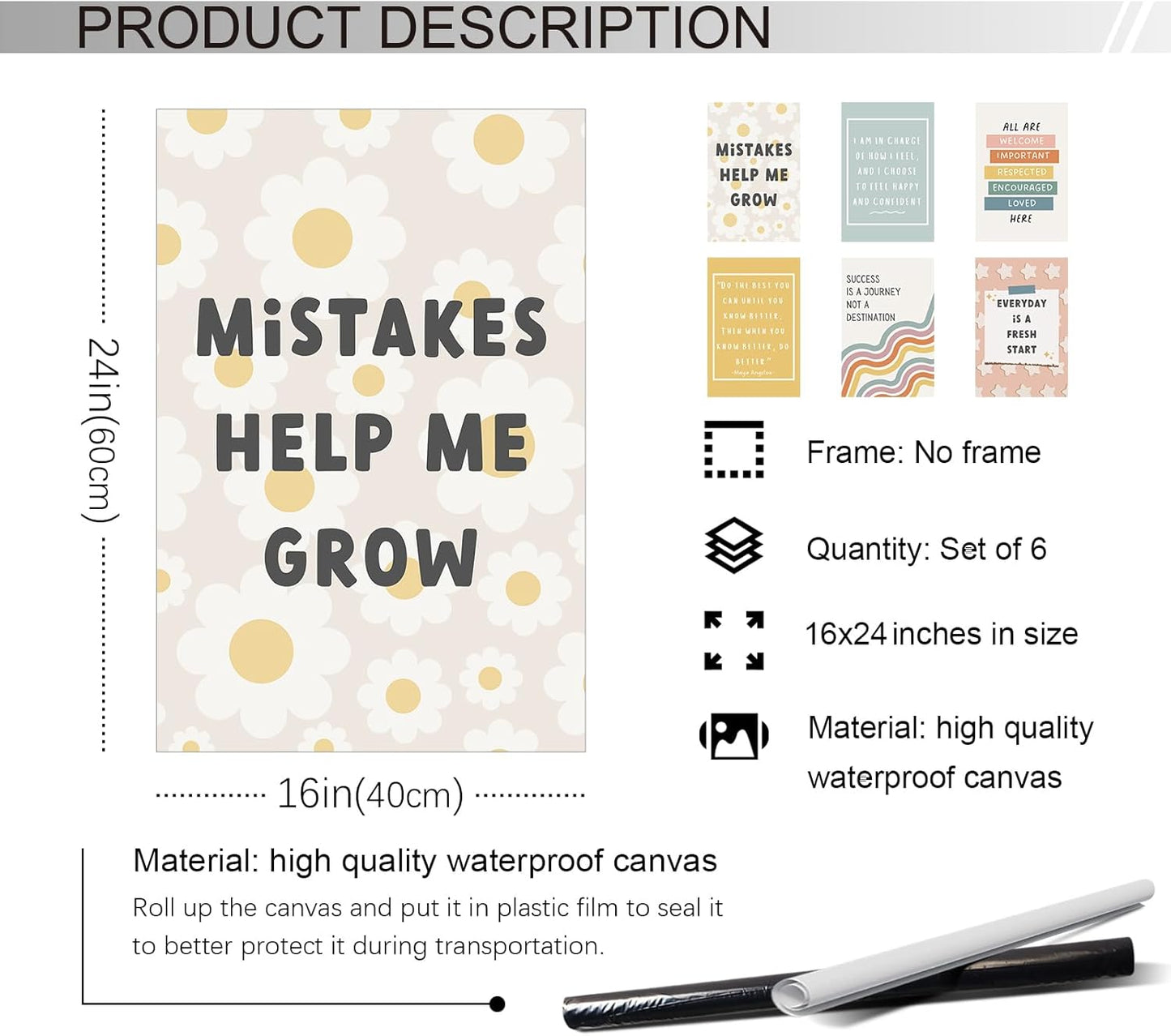 Set of 6 Boho Inspirational Classroom Posters, Positive Affirmations Growth Mindset Canvas Wall Art, Modern Classroom School Posters Wall Decor, Bulletin Board Educational Decor 16x24in Unframed