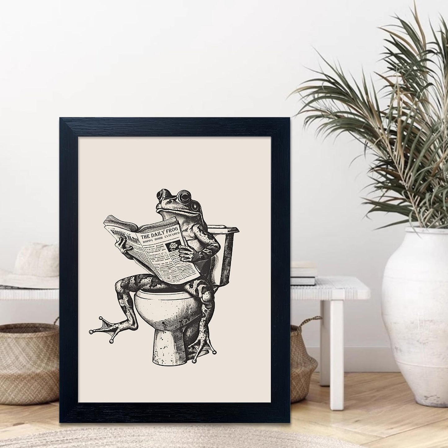 Black Framed Bathroom Wall Art Funny Bathroom Wall Decor Frog on Toilet Reading Newspaper Canvas Print Animal Artwork Pictures for Decorations