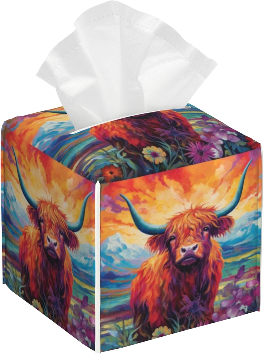 Watercolor Highland Cow Leather Tissue Holder,Mountain Flowers Square Tissue Box Cover,Modern Decorative Facial Tissue Paper Cover for Car Bedroom Nightstand Vanity Desk Office,5.2" x 5.2" x 5.2"