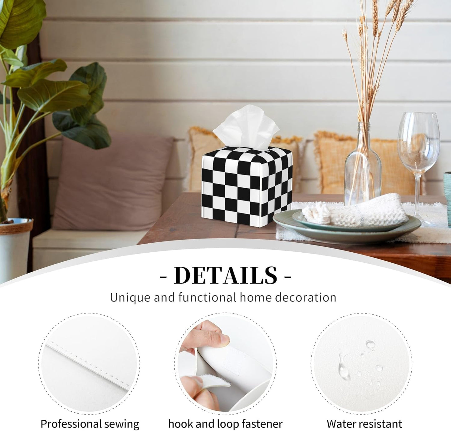 Black and White Checkerboard Tissue Box Cover Square,Square Grid Checkered Tissue Box Holder Waterproof Leather Facial Paper Organizer Dispenser for Bathroom Home Car Nightstand Vanity Desk